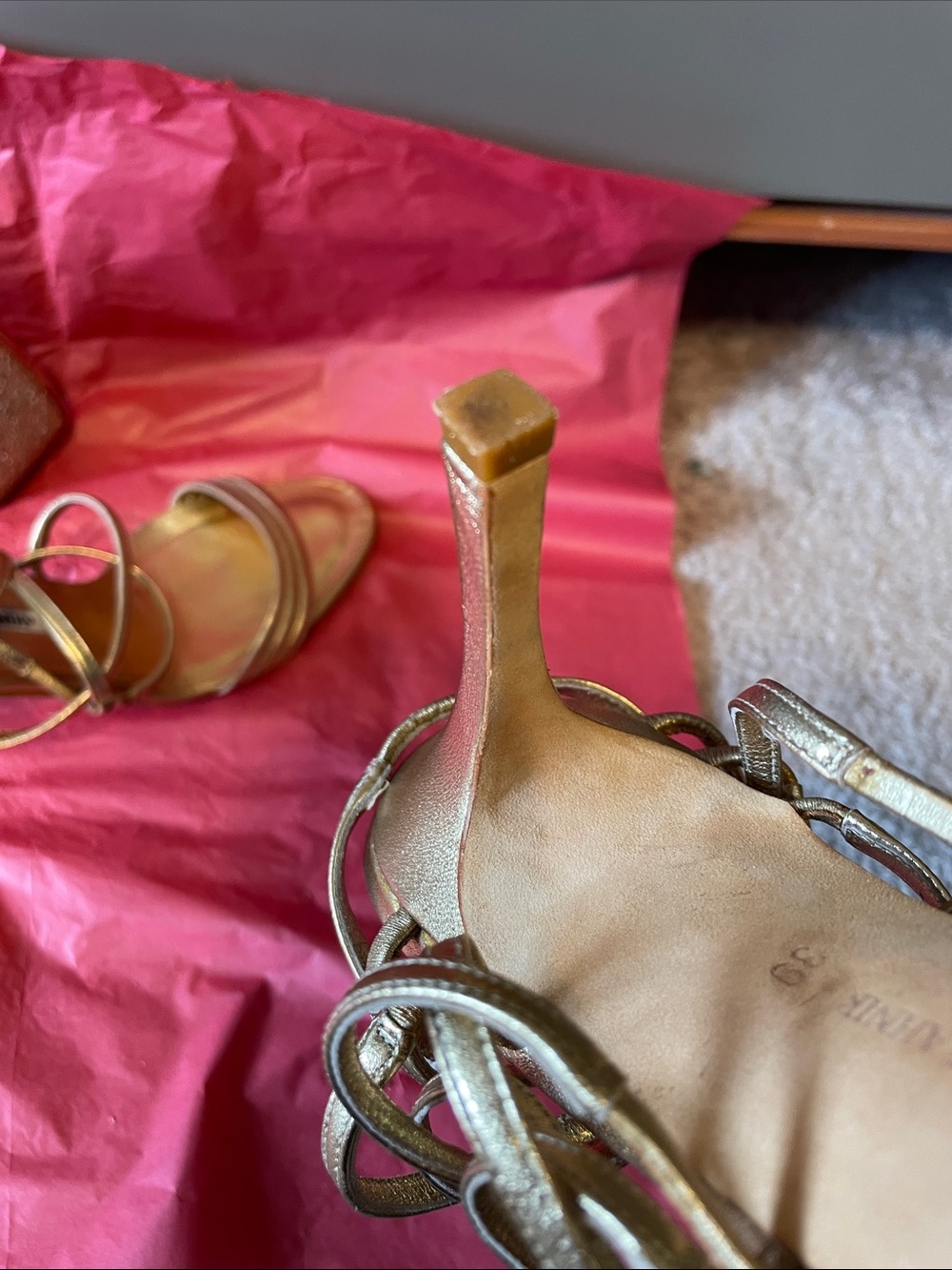 Manolo Blahnik Metallic Gold Multi-Strap Heeled Sandals - bonus cute gold clutch - Picture 8 of 14